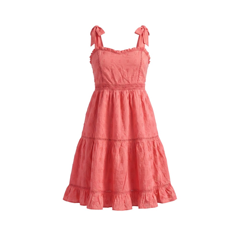 J.Crew Tiered Mini Dress‎ Womens S Coral Pink Excellent Swiss Dot Tie Shoulder